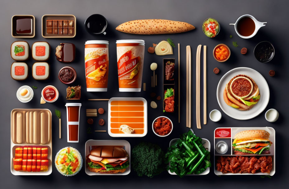 Assorted Fast Food Items: Burgers, Sandwiches, Fries & Drinks on Dark Background