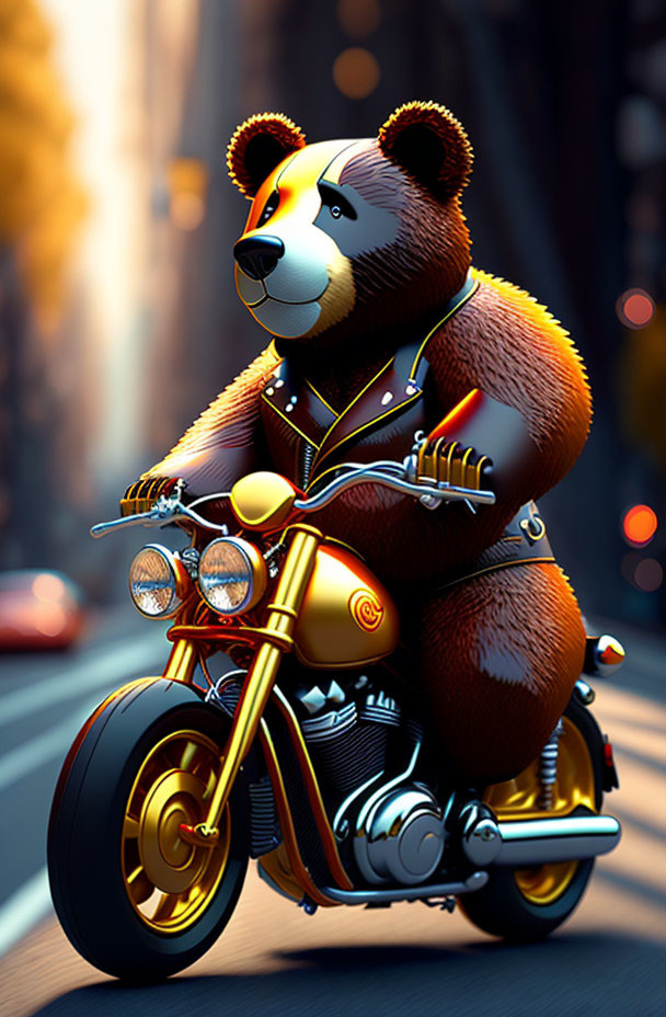 Colorful anthropomorphic bear on motorcycle in city at sunset