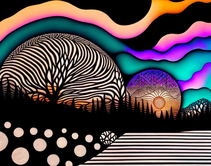 Vibrant Abstract Tree Silhouette Art with Colorful Patterns