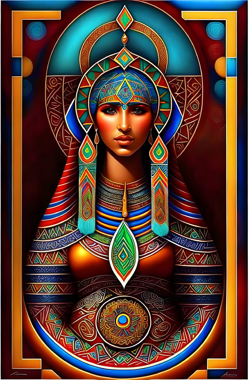 Colorful digital artwork of Egyptian queen with elaborate headdress and jewelry.