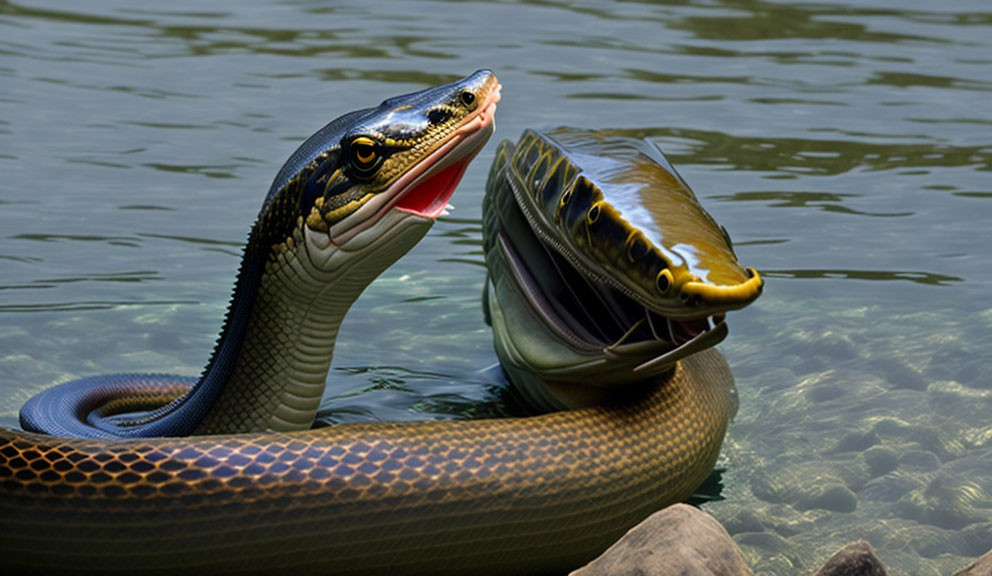 Two snakes partially submerged in clear water among rocks.