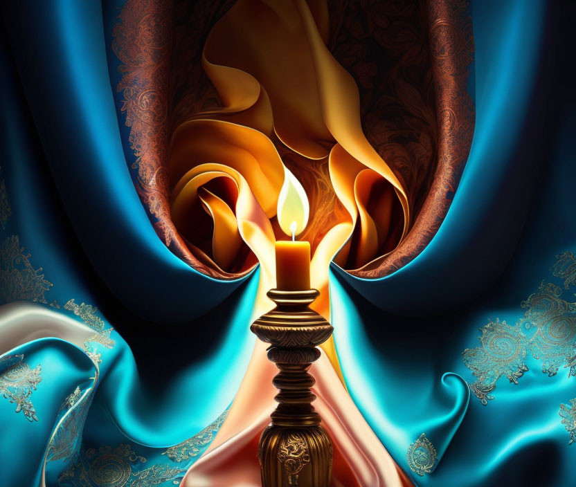 Digital image of ornate candle with bright flame against luxurious blue and gold drapery