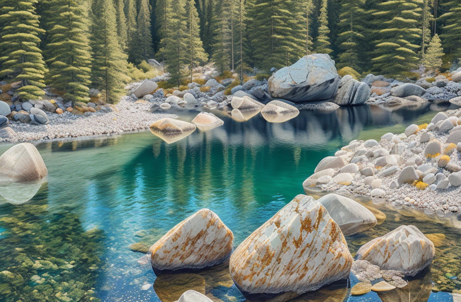 Tranquil mountain lake with coniferous trees and patterned stones