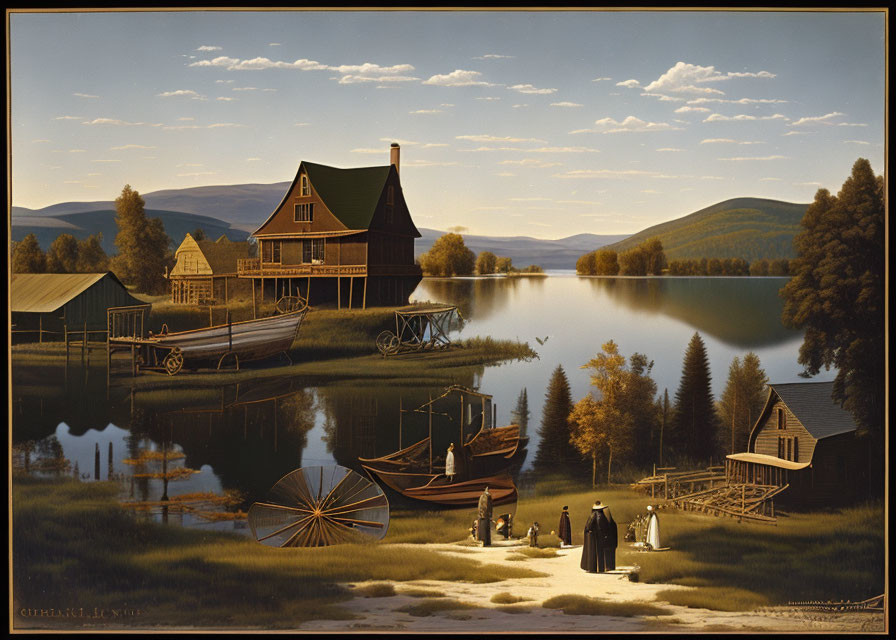 Tranquil lakeside landscape with wooden house, boats, and people in period attire