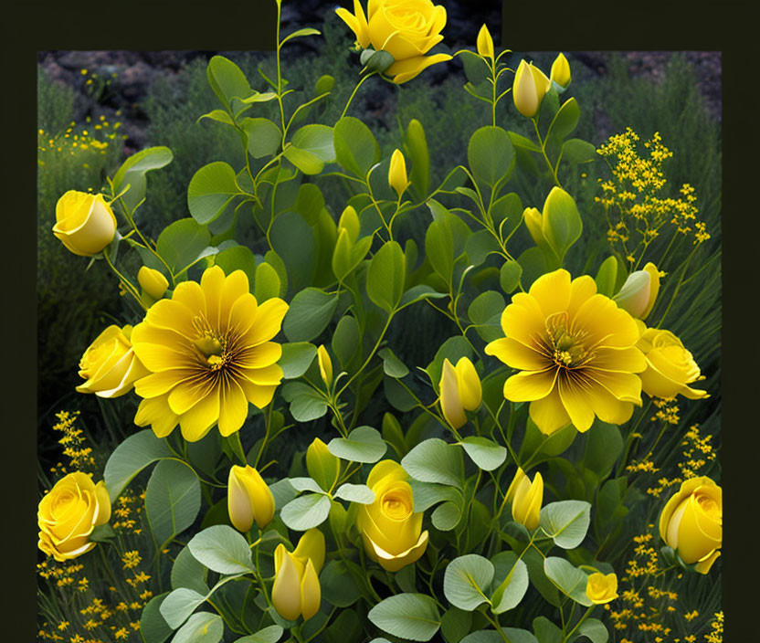 Assortment of Yellow Flowers Against Dark Foliage