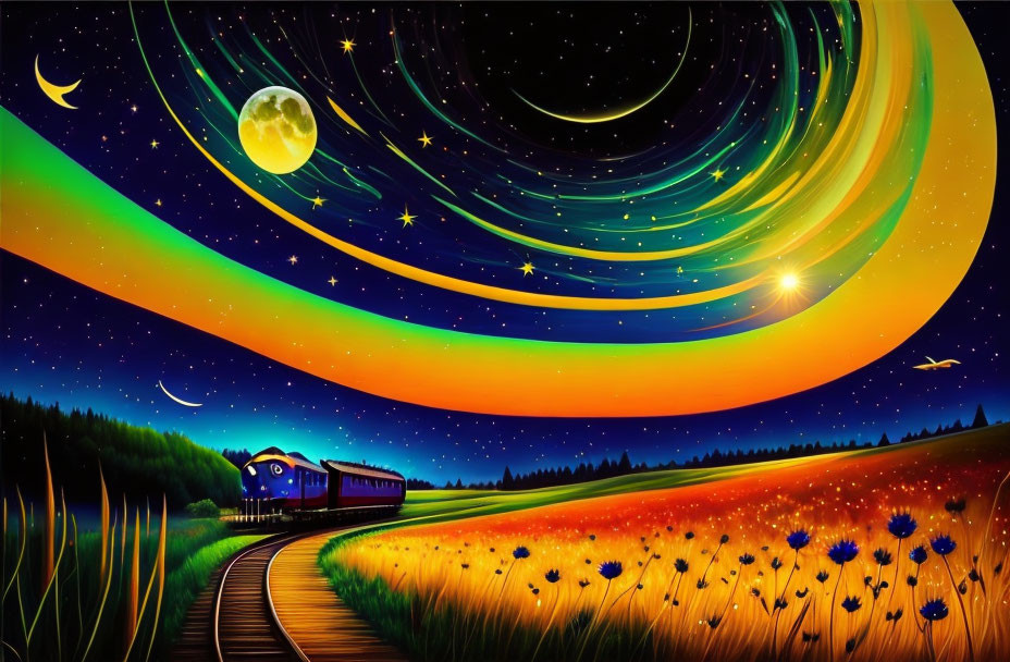 Colorful Train Scene with Starry Sky, Green Auroras, Moon, Sun, and Flower Field