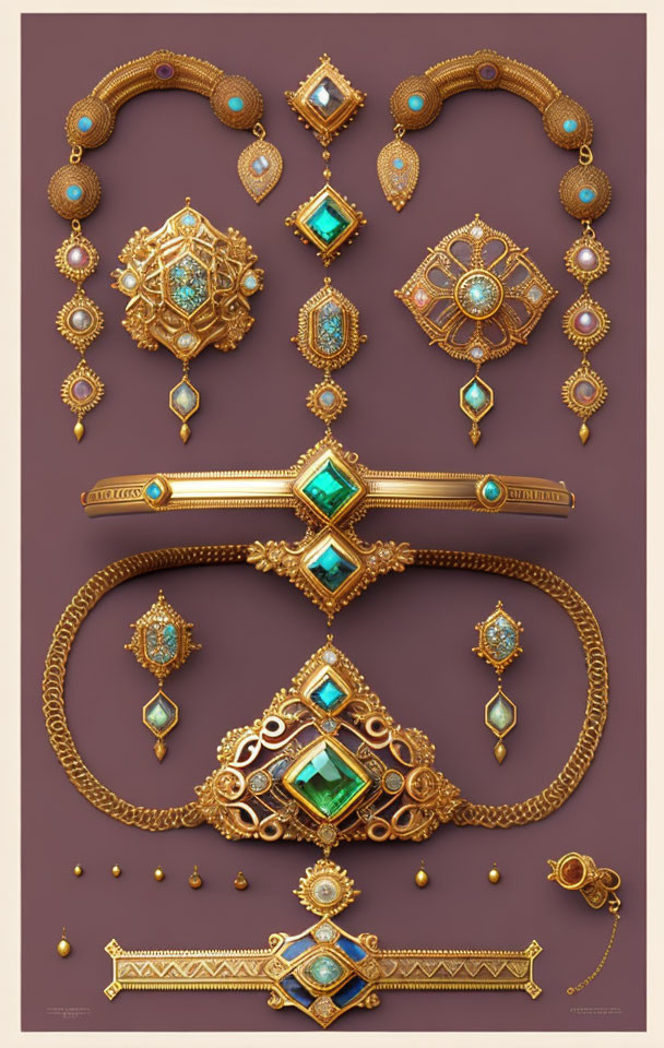 Symmetrical arrangement of gold jewelry with emeralds and pearls on maroon background