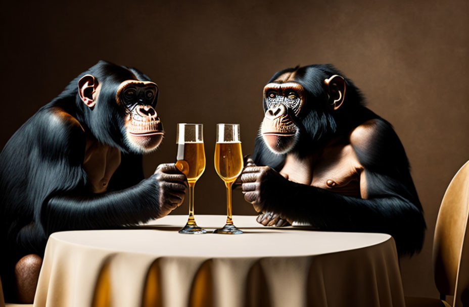 Chimpanzees with champagne glasses at table in human-like pose