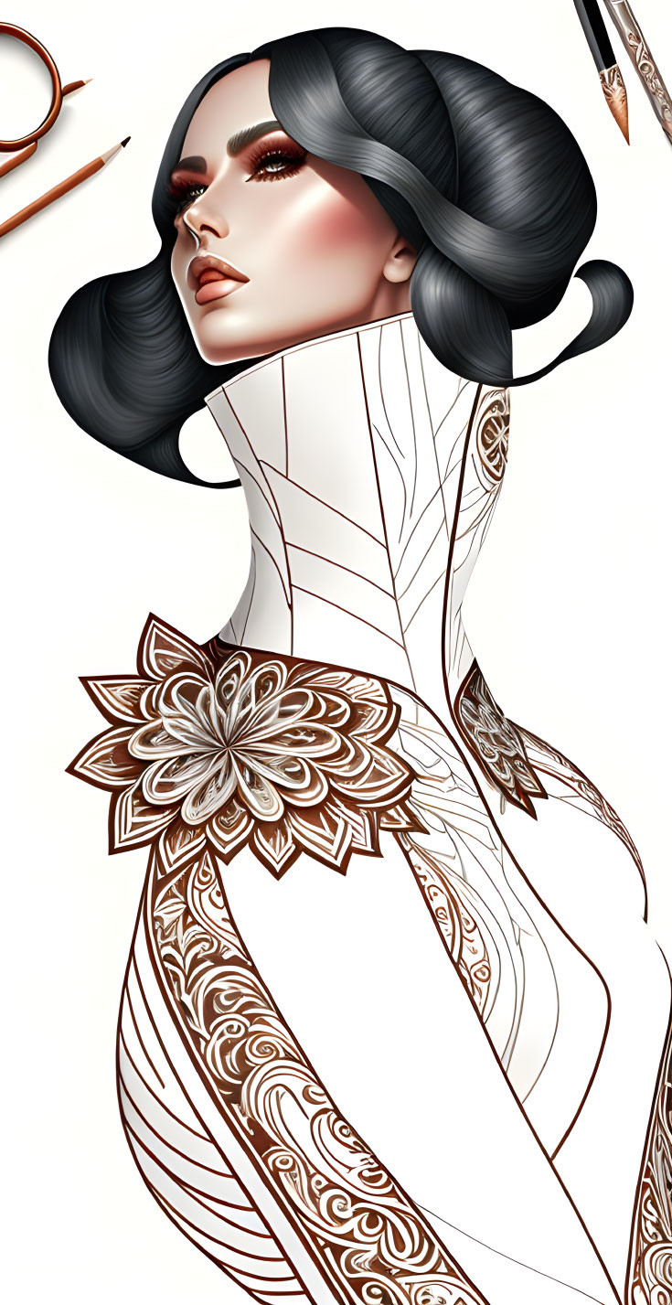 Stylish woman with black hair and henna tattoo, surrounded by pencils