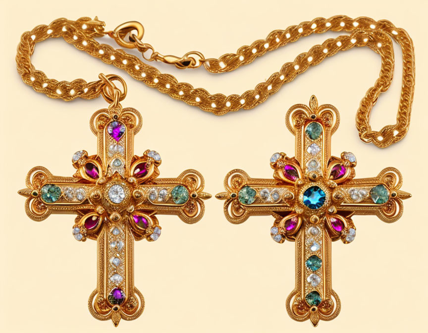 Golden Cross Pendants with Gemstones & Diamonds on Gold Chain