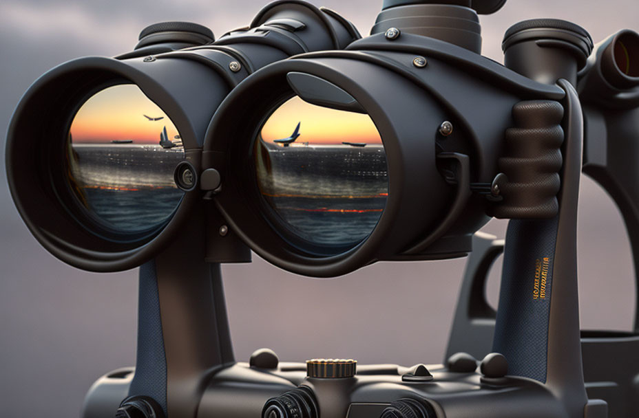 Large Black Binoculars on Stand Reflecting Sunset Seascape with Flying Bird