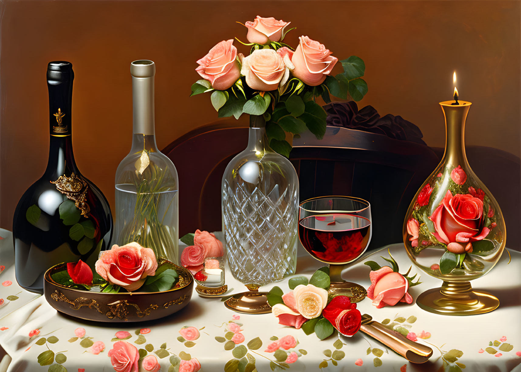 Still life with wine bottles, red wine glass, candle, and pink roses bouquet