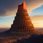 Ancient desert ziggurat at sunset with engraved walls