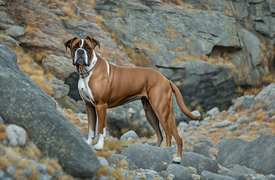 A Boxer dog between the rocks on the mountainside 