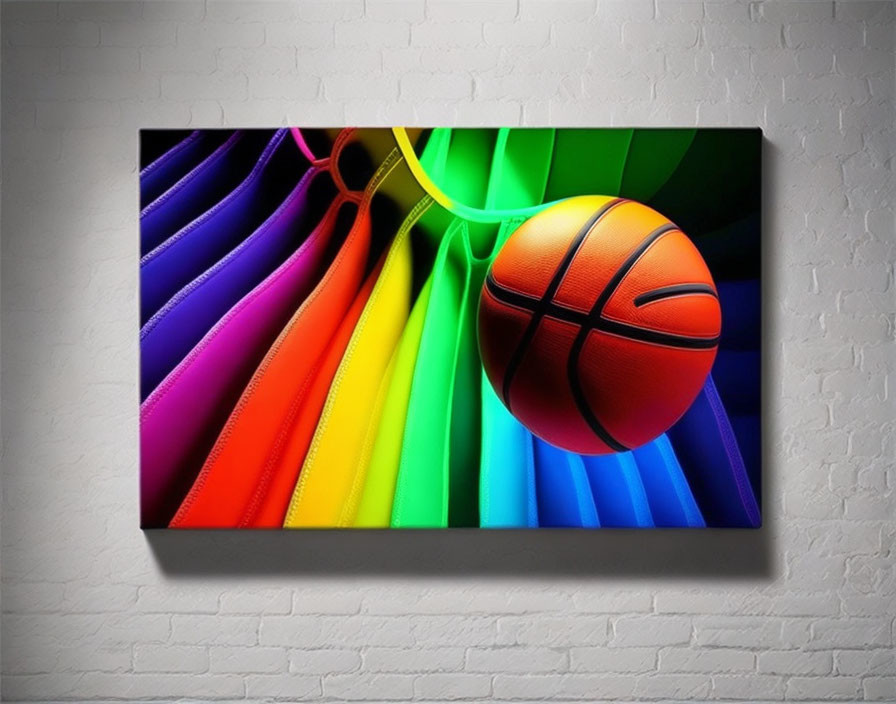 Basketball Canvas Print on Vibrant Background Displayed on White Brick Wall