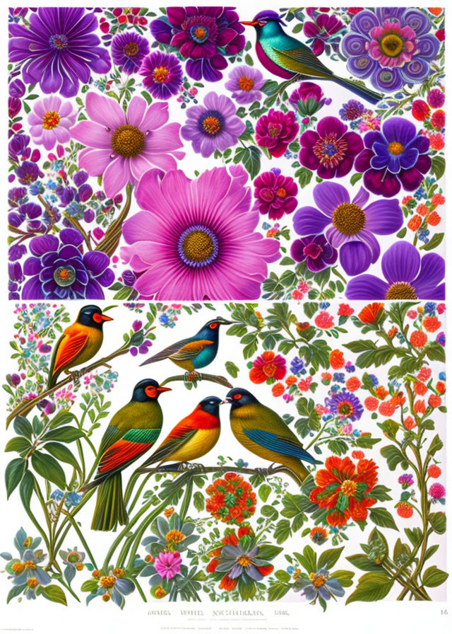 Colorful Flowers and Birds Illustration: Nature's Diversity in Vibrant Purples, Blues,