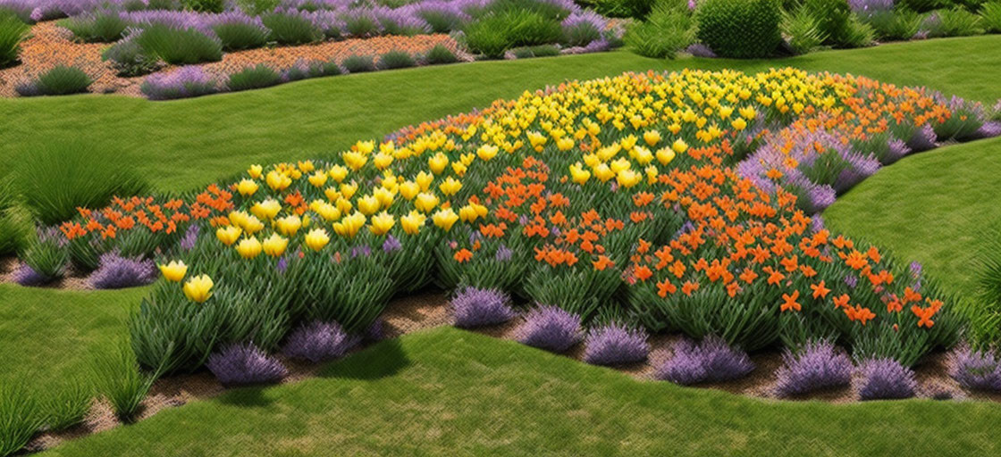 Colorful Flowerbed with Yellow Tulips, Orange Tulips, Purple Lavender, and Green Grass