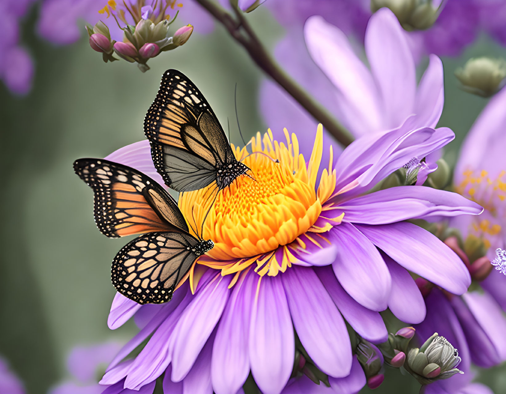 Monarch butterflies on purple and yellow flower with green background