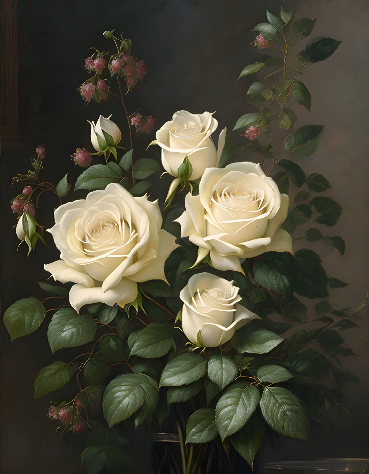 White roses and pink blossoms in elegant still life.