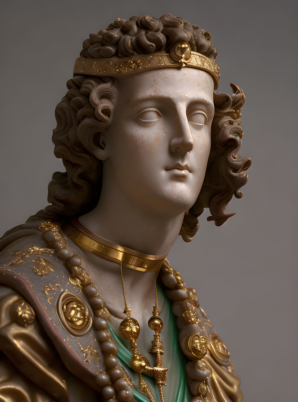 Classical bust sculpture of figure with curly hair, golden laurel crown, armor, and jewelry