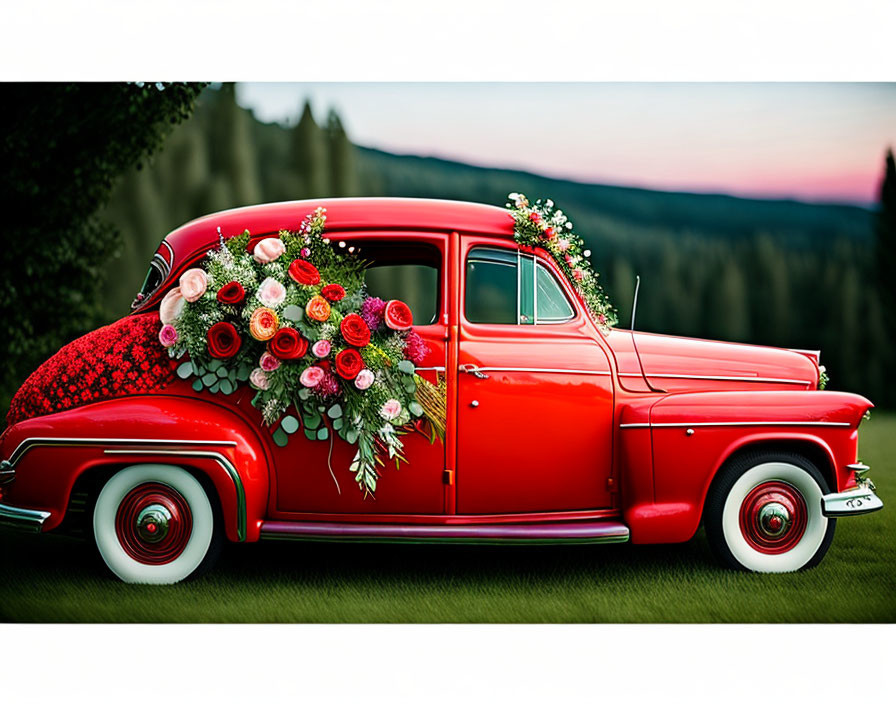 Vintage Red Car Adorned with Floral Arrangement in Nature Setting