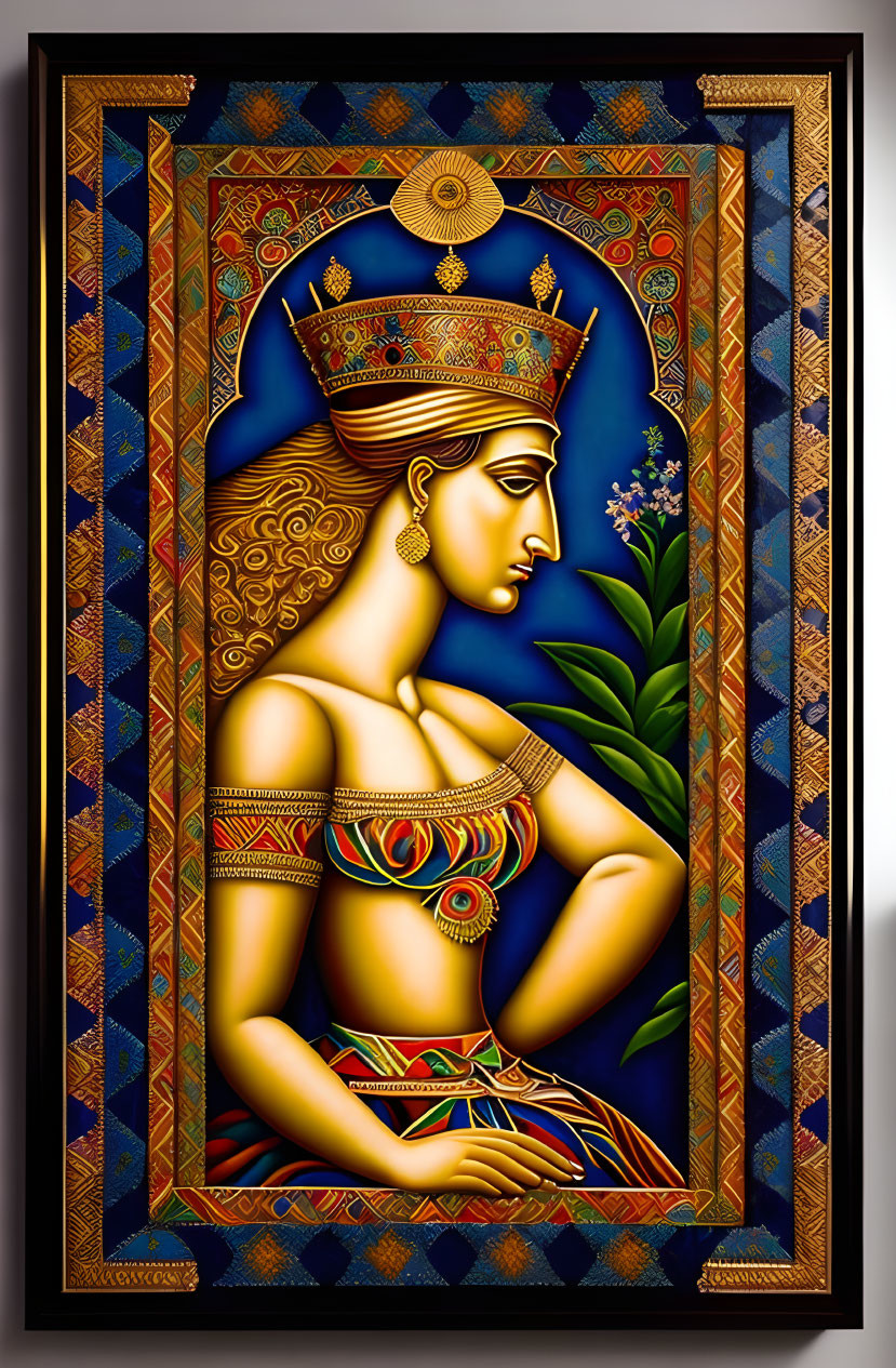 Stylized woman portrait with crown and intricate patterns on dark background