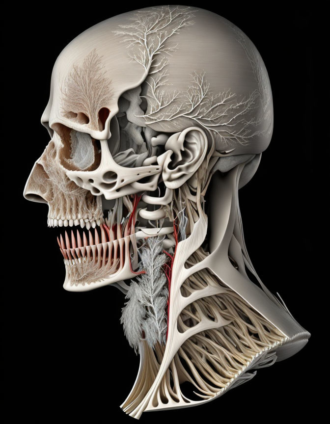 Detailed Human Head Anatomy Illustration: Bones, Muscles, Nerves, & Blood Vessels