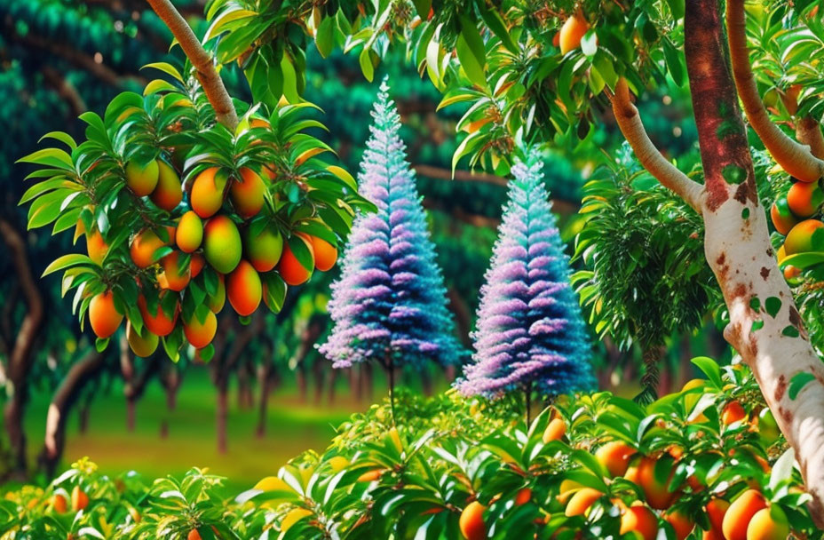 Ripe Mangoes and Blue-Purple Pine Trees in Vibrant Orchard