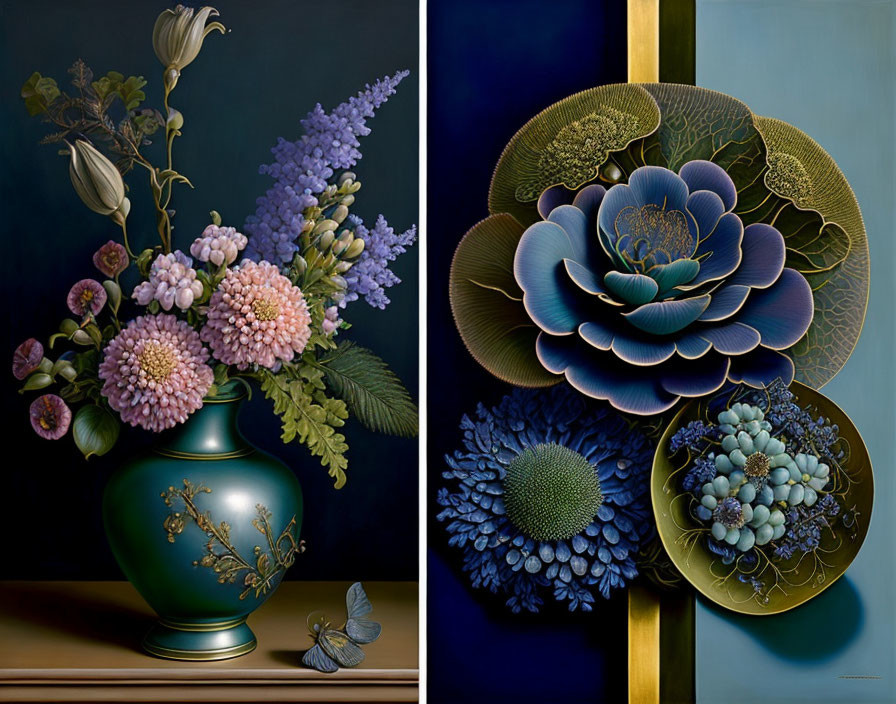 Ornate floral paintings: bouquet in green vase and blue flower on golden dish