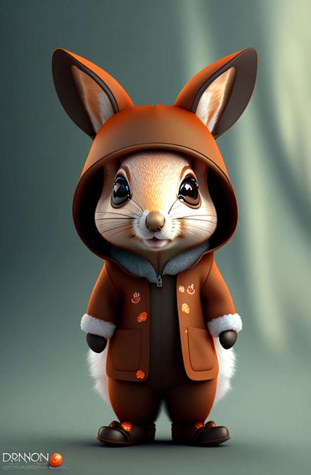 Animated Rabbit Character in Brown Hoodie with Ears