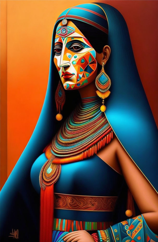 Vibrant digital artwork of a woman with geometric patterns and jewelry