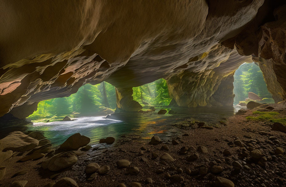 Cave with River Flowing into Green Forest