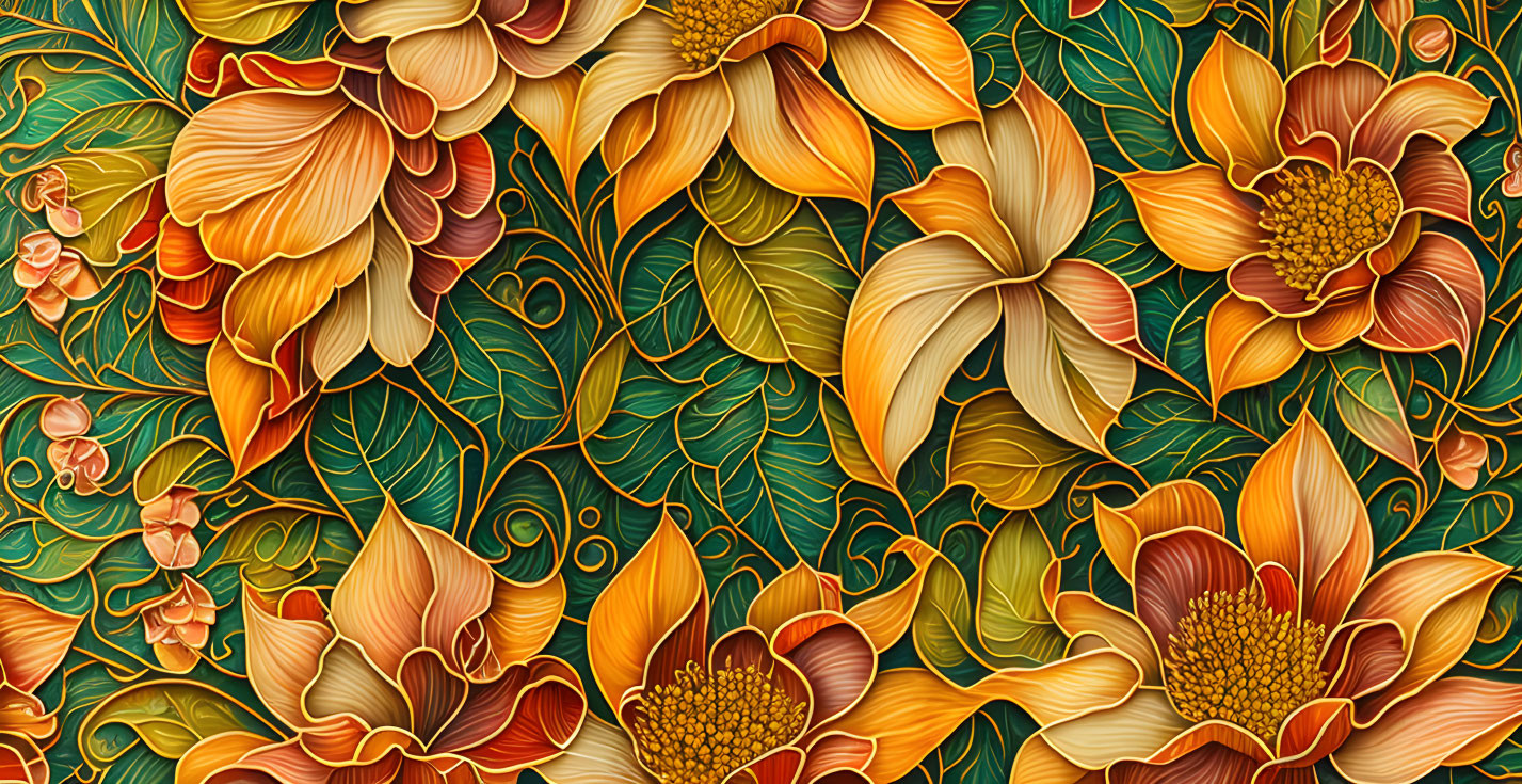 Floral pattern with gold and orange flowers on textured background