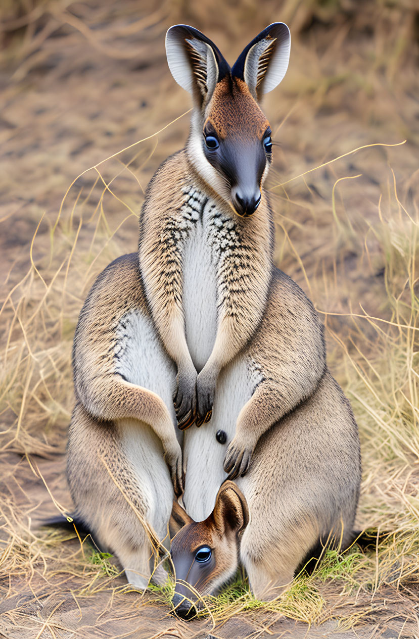 Mother kangaroo with joey peeking from pouch on grassy ground