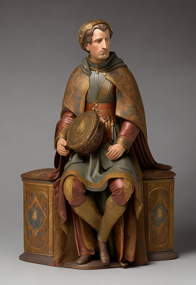 Medieval nobleman statue in ornate robes with shield and crown-like headpiece