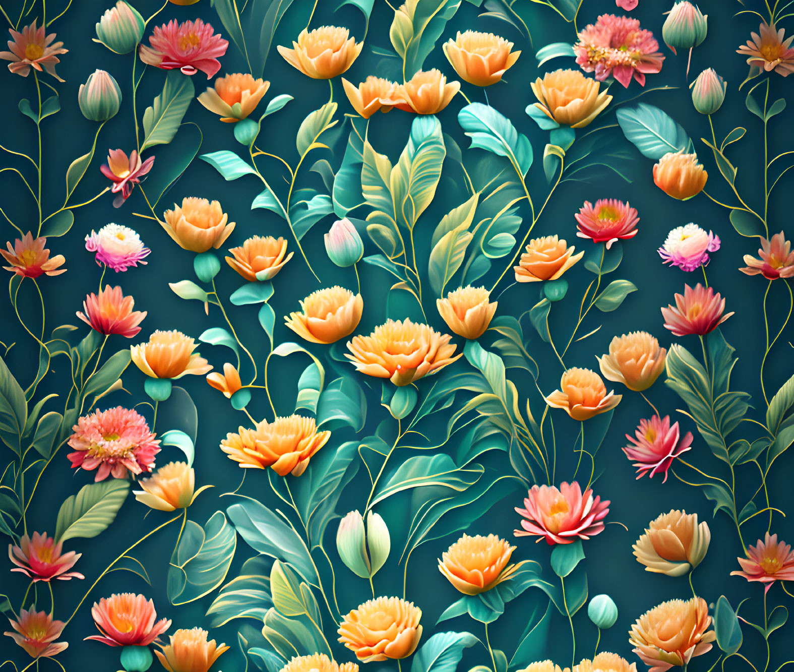 Floral Pattern with Green Leaves and Pink, Orange, White Flowers on Teal Background