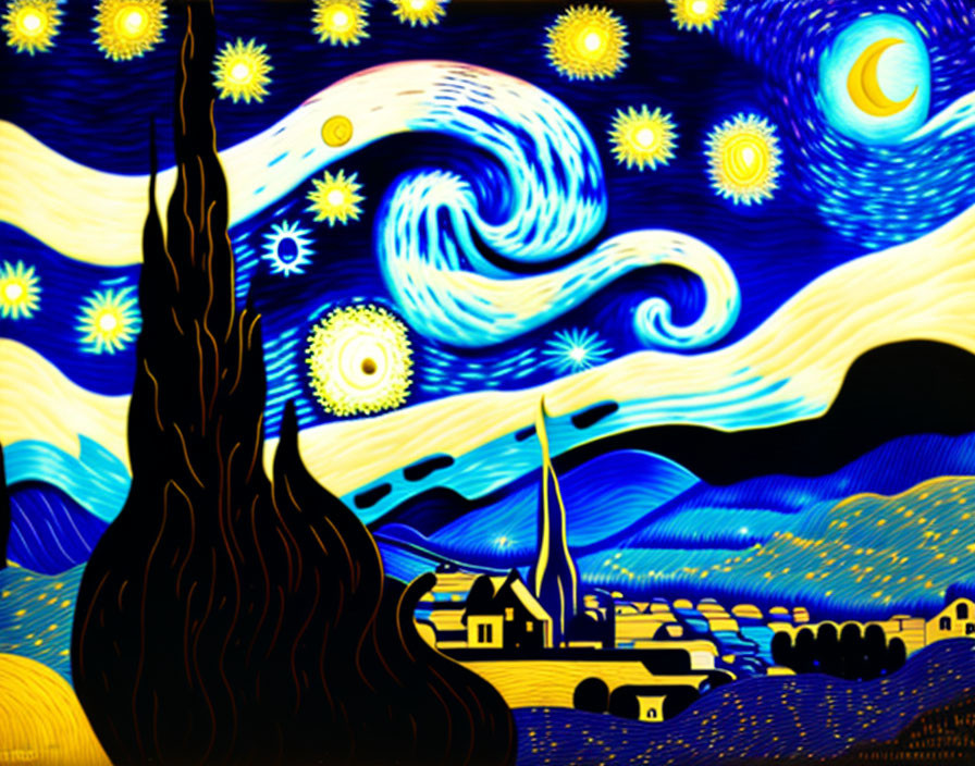 Swirling blue night sky with stars, crescent moon, cypress tree, and town.