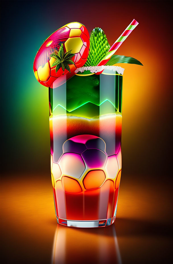 Colorful Layered Cocktail with Soccer Ball Pattern and Garnishes