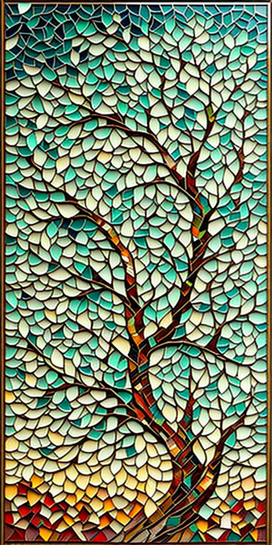 Stylized tree stained glass artwork with colorful mosaic branches