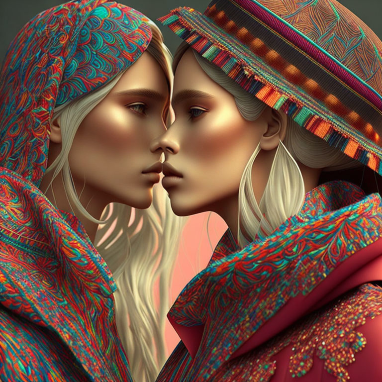 Stylized female figures in vibrant headscarves face each other