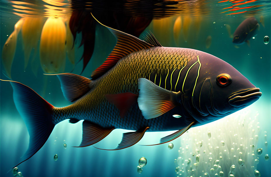 Colorful Fish Illustration Swimming Underwater with Bubbles and Plants