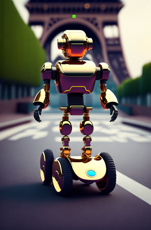 Futuristic robot with golden accents near Eiffel Tower