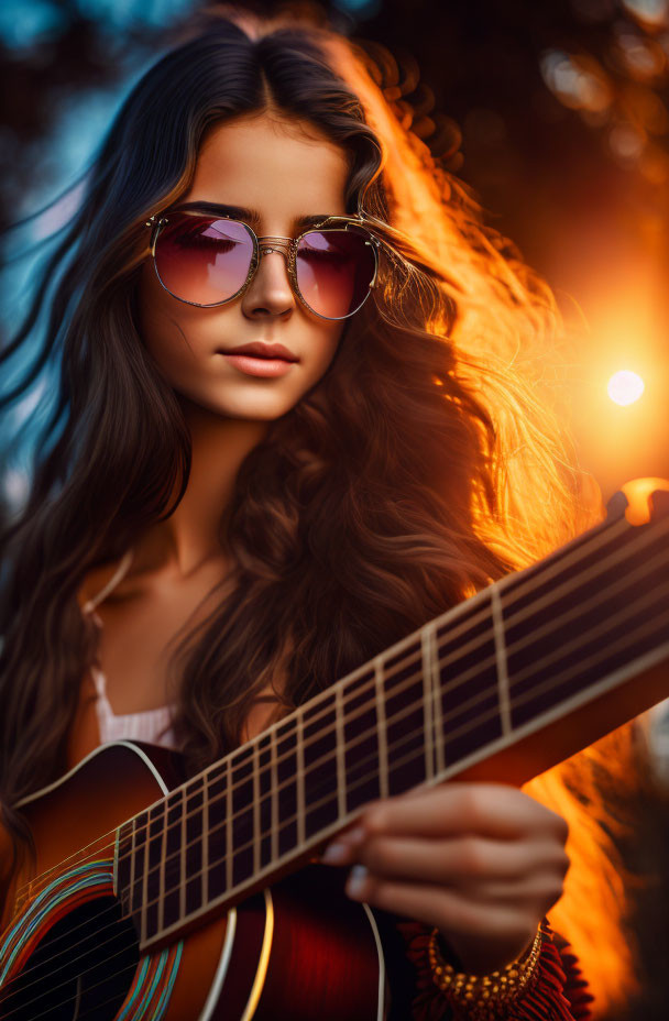 Woman playing guitar with sunglasses and wavy hair in sunlight