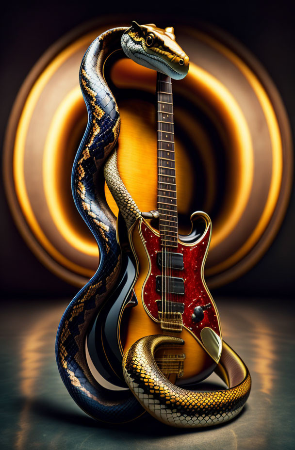 Electric Guitar with Coiled Snake on Golden Patterned Backdrop