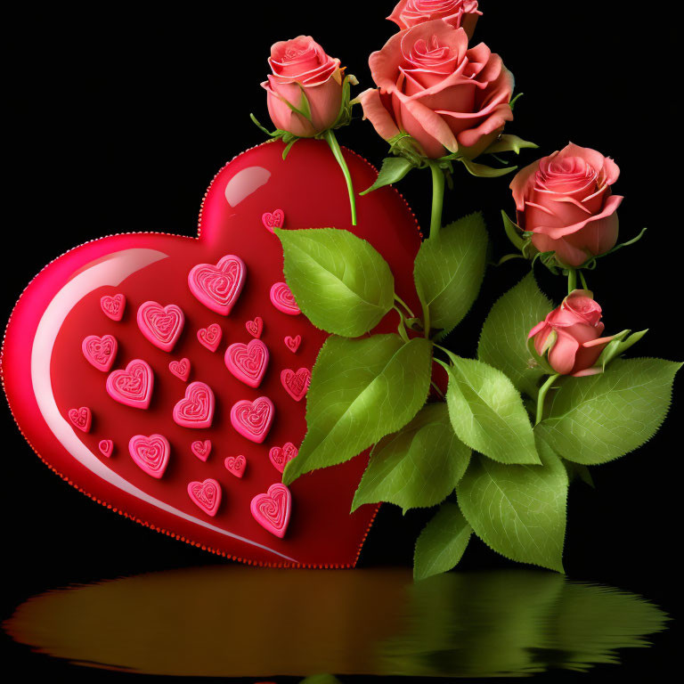 Colorful digital artwork: Red heart, pink roses, green leaves on black background