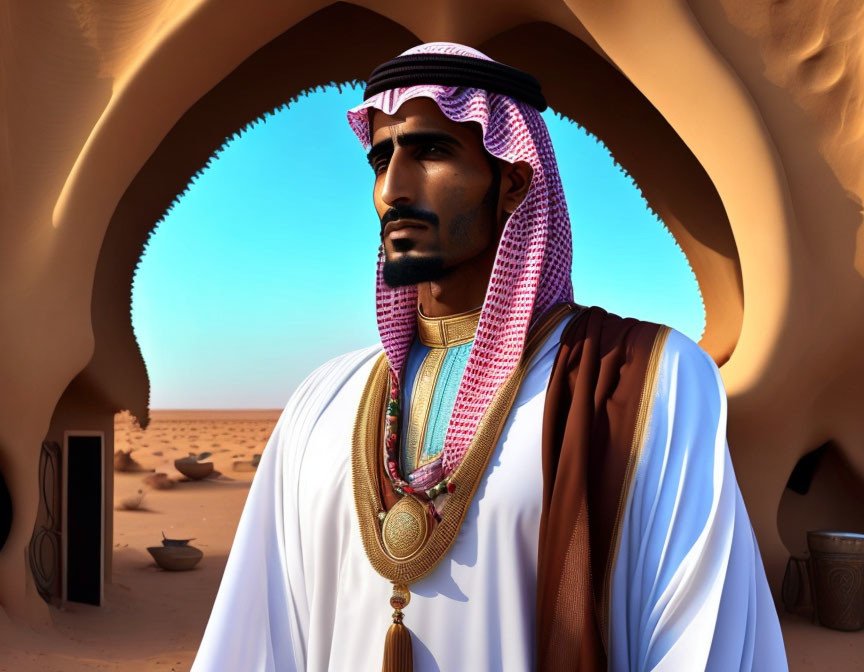 Man in Middle Eastern Attire in Cave Overlooking Desert