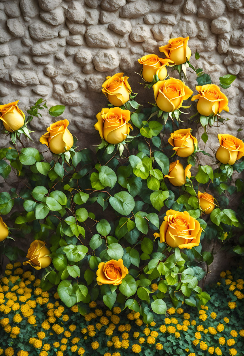 Yellow Roses and Flowers Against Beige Wall