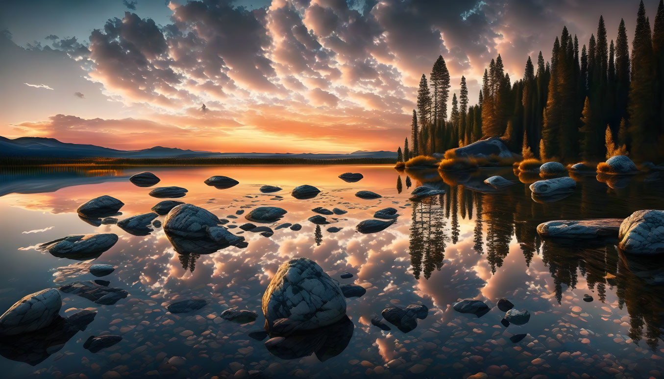 Tranquil Sunrise Scene: Lake, Rocks, Pine Trees, Cloudy Sky