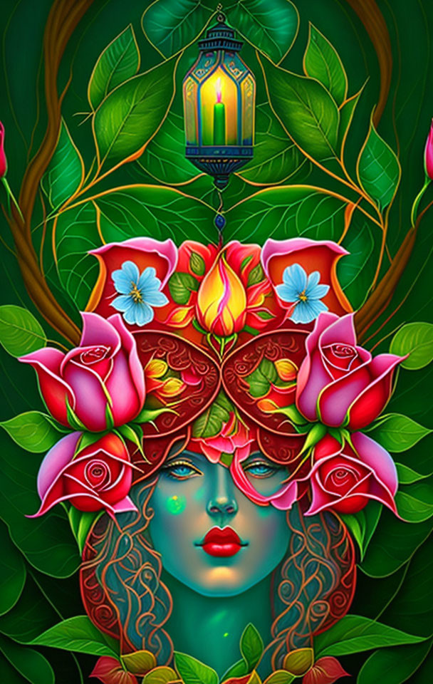 Colorful digital art: Woman's face with rose crown and lantern on green background