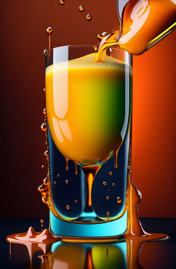 Glass with blue and orange liquid layers being poured against amber background